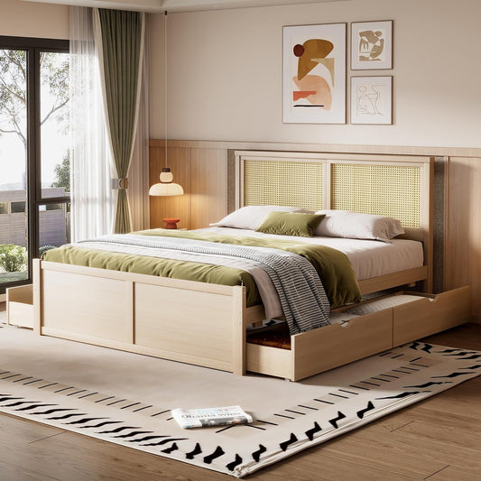 Queen Bed Frame with Headboard, Queen Size Wood Storage Platform Bed with 4 Drawers, Rattan Headboard