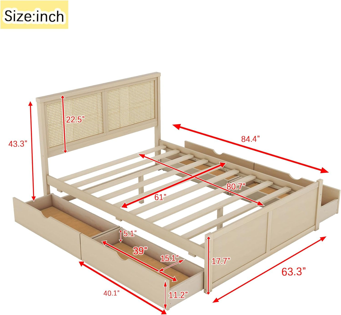 Queen Bed Frame with Headboard, Queen Size Wood Storage Platform Bed with 4 Drawers, Rattan Headboard