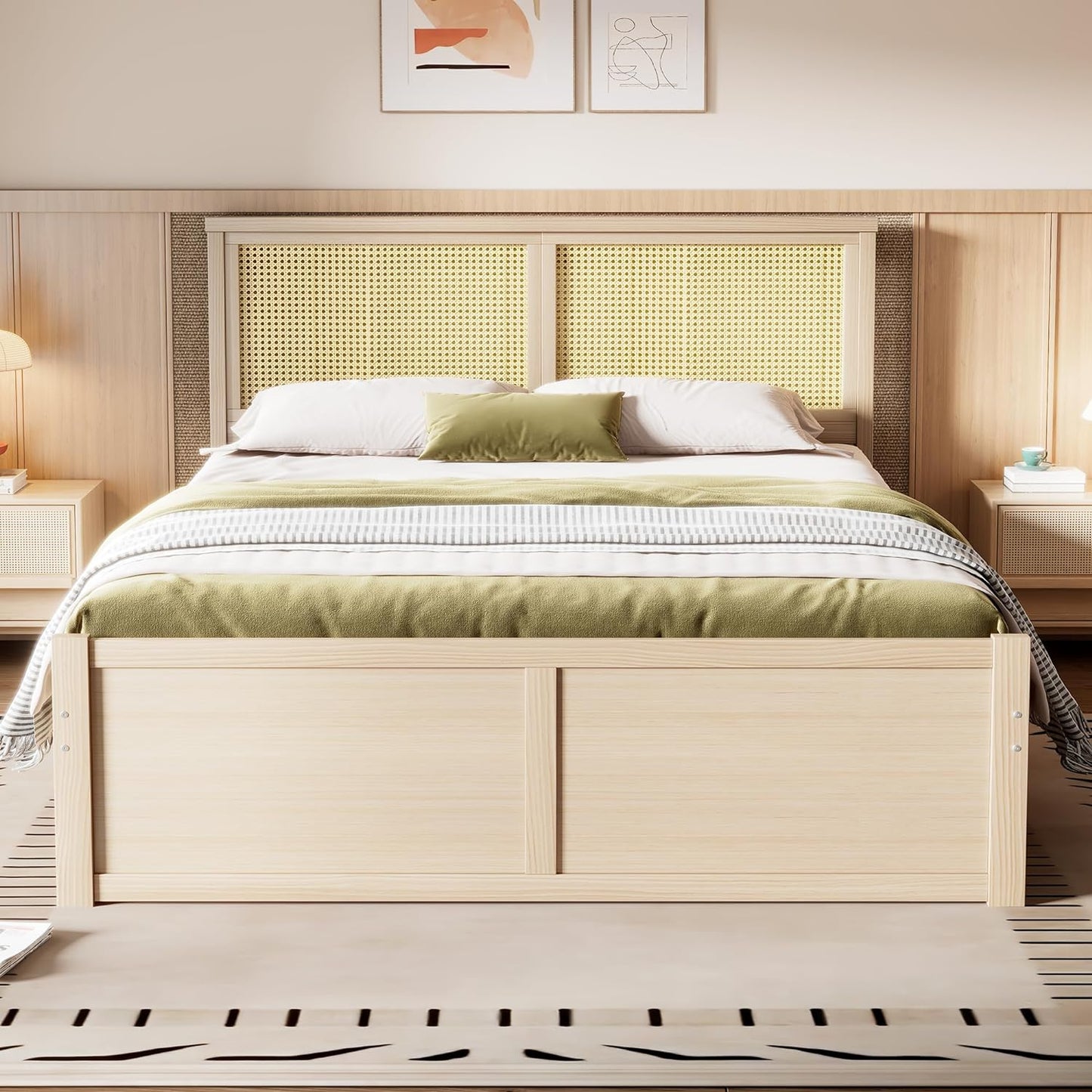 Queen Bed Frame with Headboard, Queen Size Wood Storage Platform Bed with 4 Drawers, Rattan Headboard