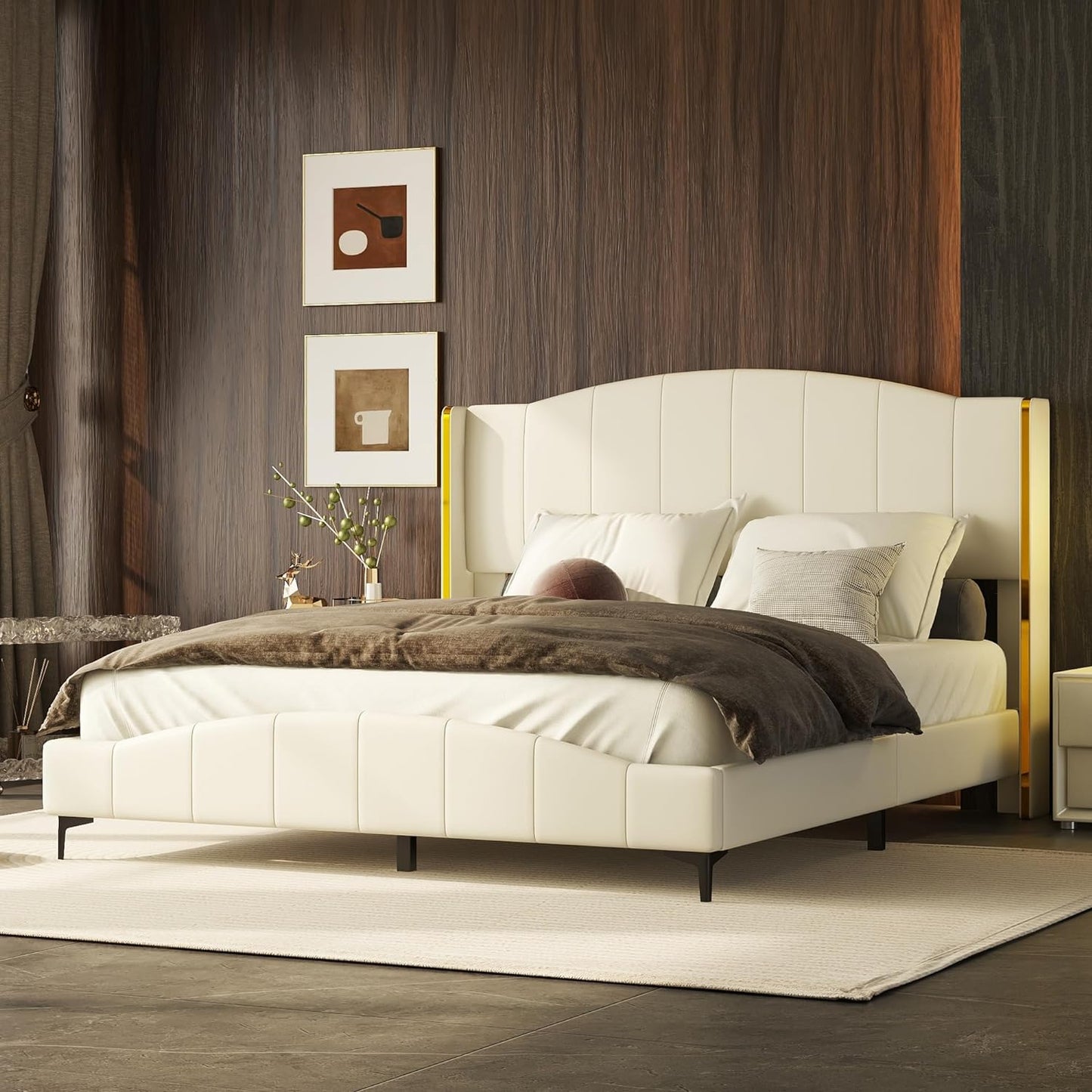 Queen Bed Frame, Queen Size PU Leather Upholstered Platform Bed, Headboard with Wingback and Metal Bar Accents, No Box Spring Required