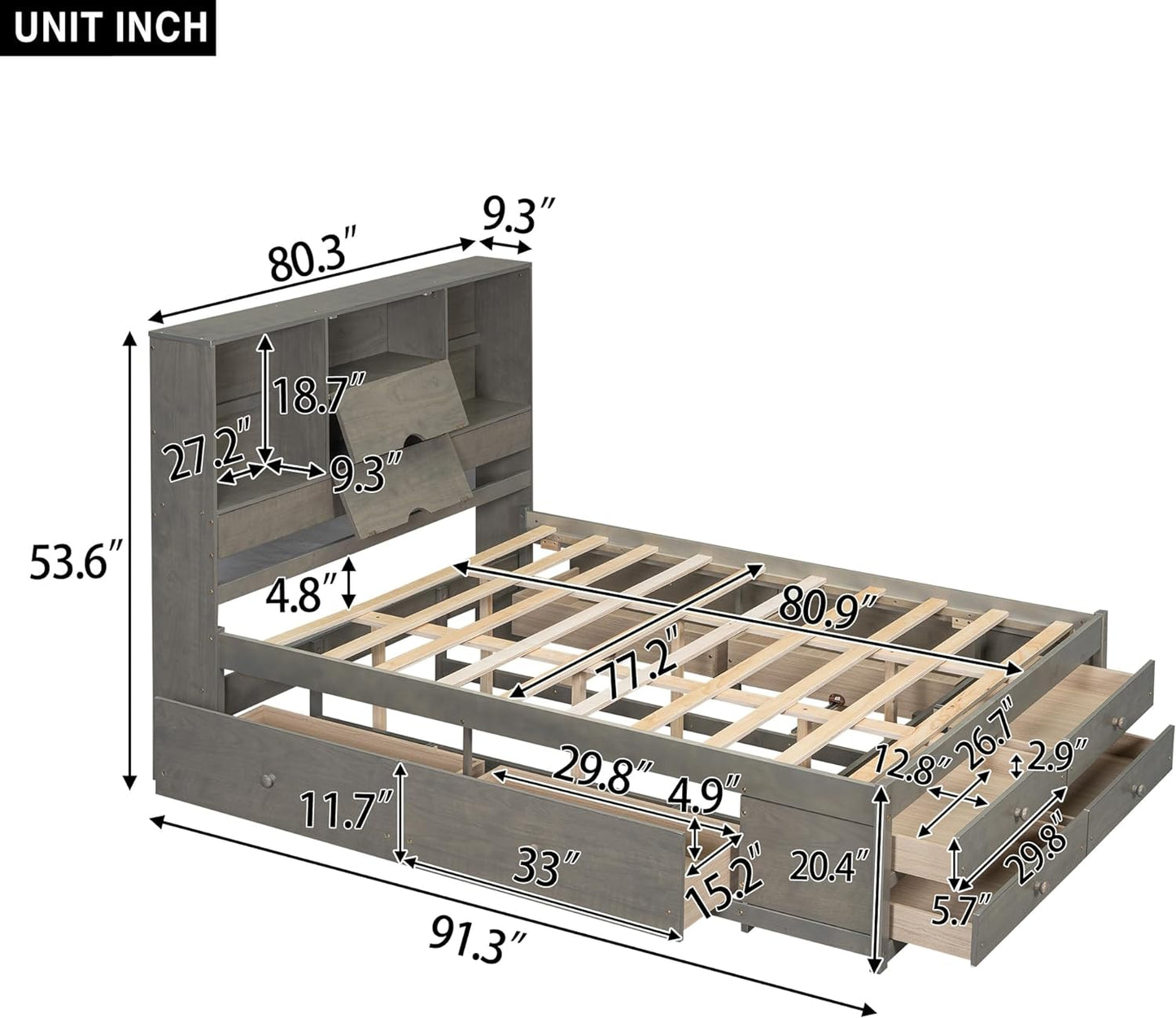 King Size Platform Bed with Storage Headboard and 8 Drawers, Bed Frame King Size