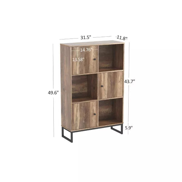 Year Color 3 Tier Free-Standing Modern Open Brown Wood Narrow Bookcase With Doors, Legs And 2X3 Cube Storage Organizer For Office or Library