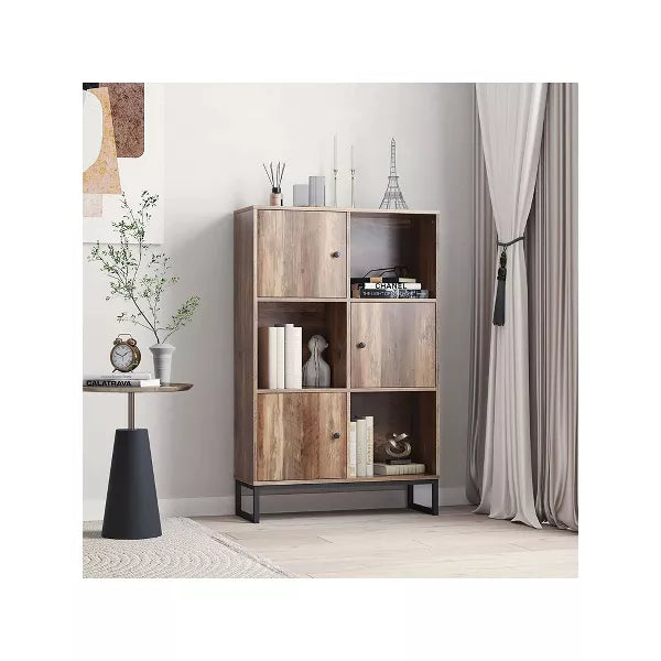 Year Color 3 Tier Free-Standing Modern Open Brown Wood Narrow Bookcase With Doors, Legs And 2X3 Cube Storage Organizer For Office or Library