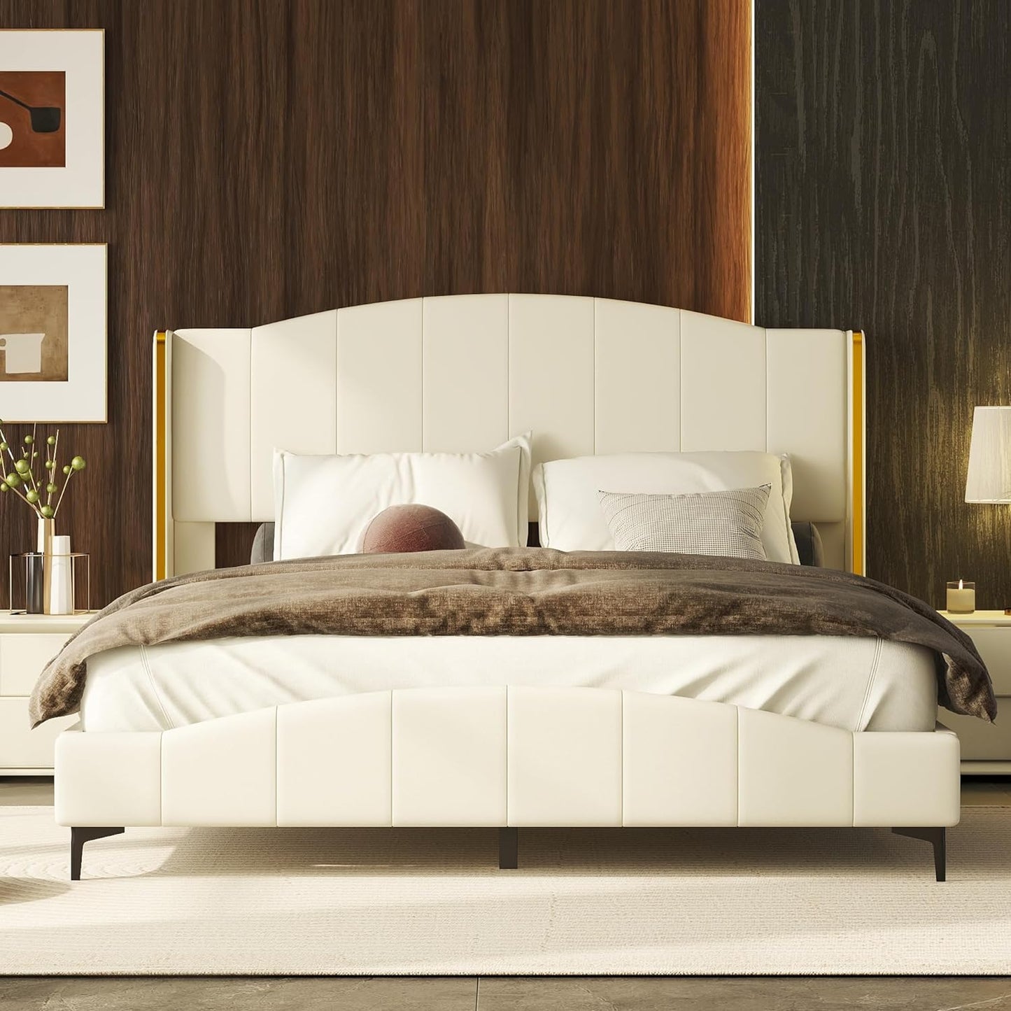 Queen Bed Frame, Queen Size PU Leather Upholstered Platform Bed, Headboard with Wingback and Metal Bar Accents, No Box Spring Required