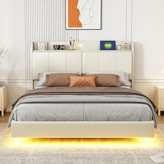 Queen Bed Frame, Queen Size Floating Bed Frame with Storage Headboard, Modern Upholstered Platform Bed with Touch Sensor Night Light and USB Charger