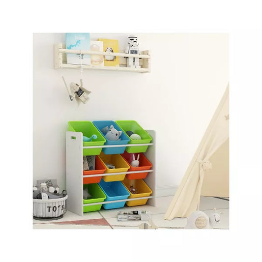 Year Color White Toy Cubes Storage Organizer for Kids, Classroom, Playroom, Daycare, Nursery with 9 Colorful Storage Bins