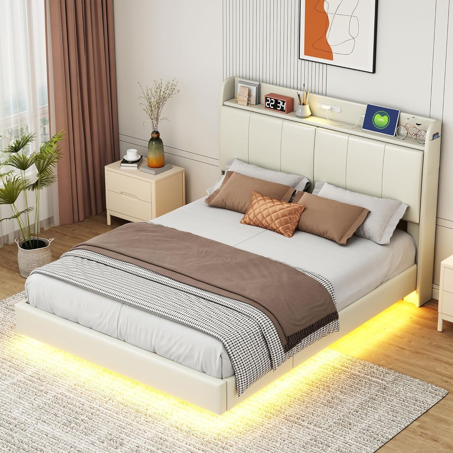 Queen Bed Frame, Queen Size Floating Bed Frame with Storage Headboard, Modern Upholstered Platform Bed with Touch Sensor Night Light and USB Charger