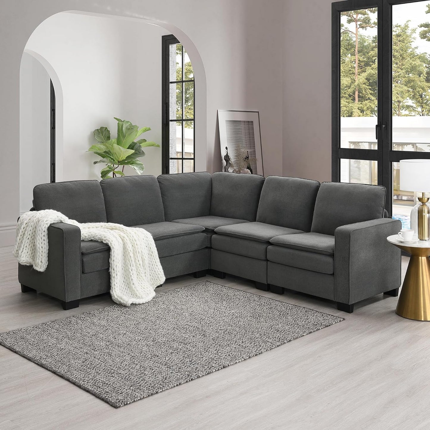 89 * 89" Oversized Velvet Modern Sectional Sofa, Large L Shaped Upholstered Indoor Furniture with Double Cushions, 5 seat Cloud Corner Couch for Living Room, Apartment, Office