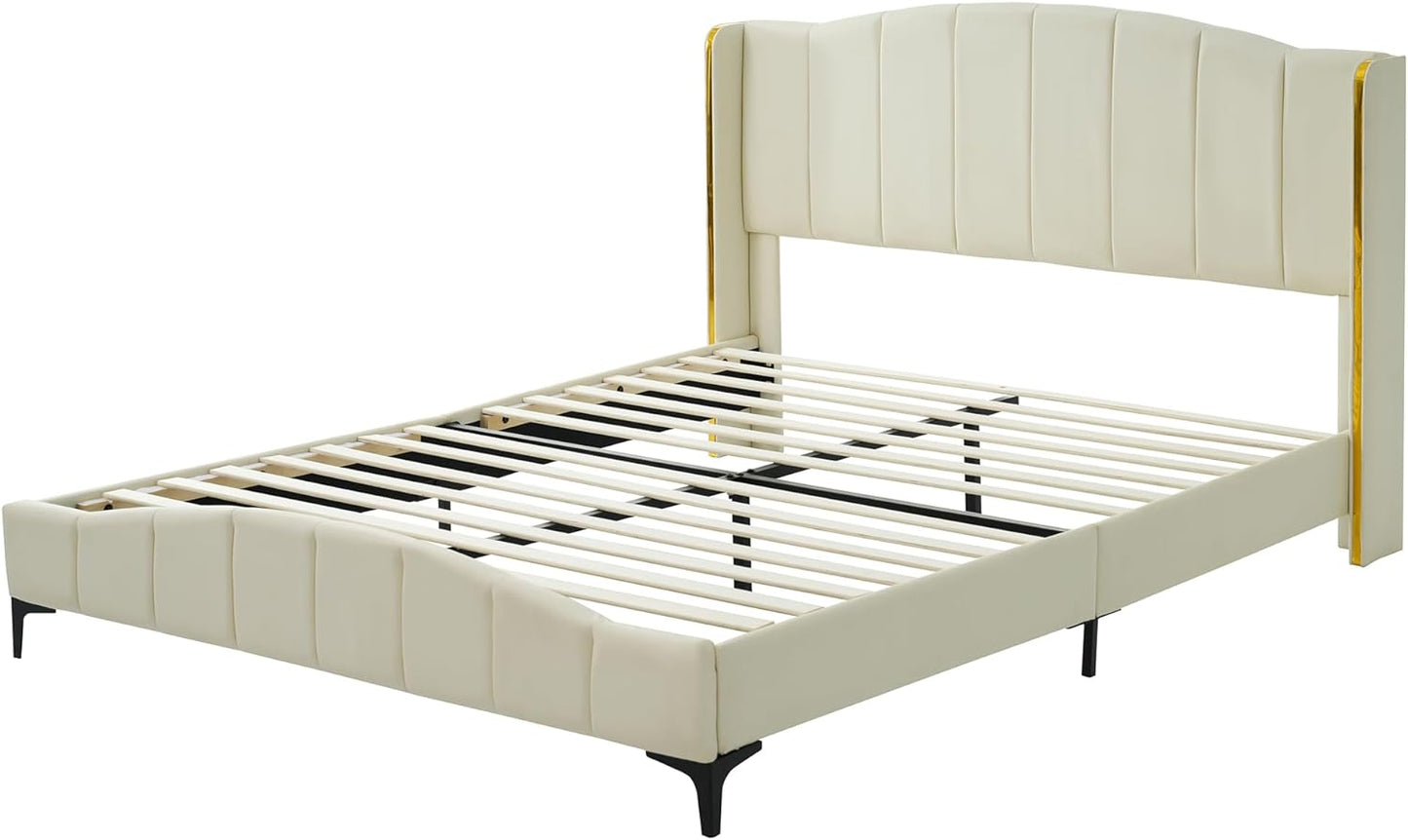 Queen Bed Frame, Queen Size PU Leather Upholstered Platform Bed, Headboard with Wingback and Metal Bar Accents, No Box Spring Required