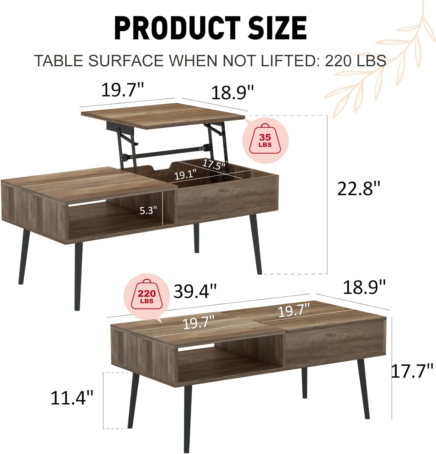 Coffee Table Lift Top Coffee Table 39", Modern Adjustable Rising Center Table with Hidden Compartment for Livingroom