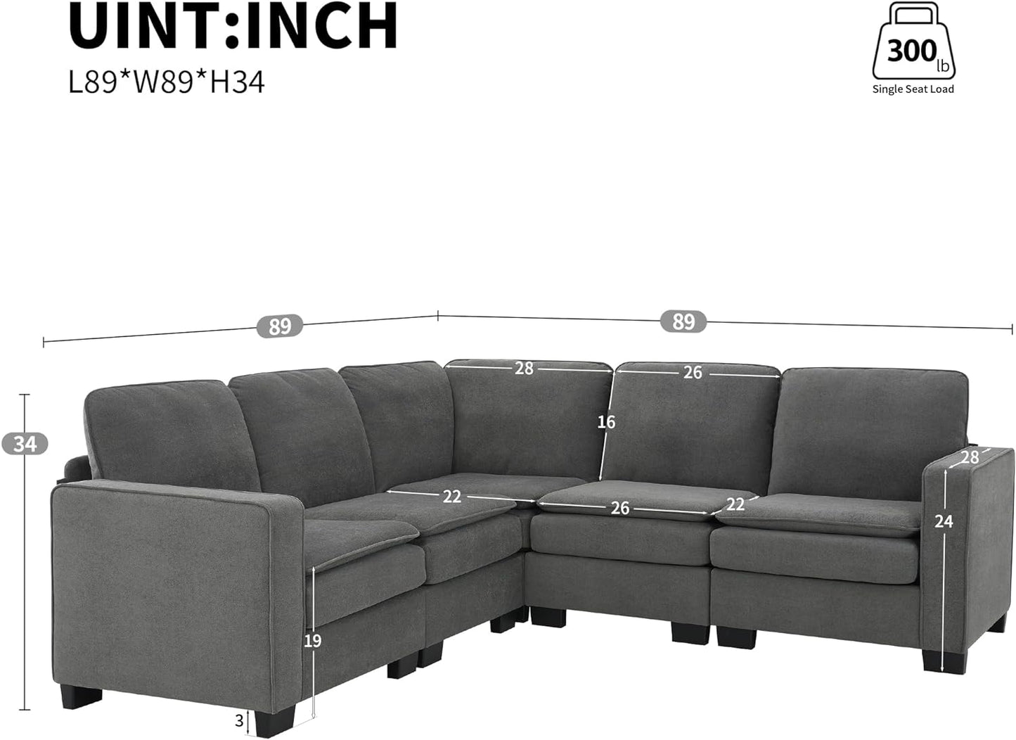 89 * 89" Oversized Velvet Modern Sectional Sofa, Large L Shaped Upholstered Indoor Furniture with Double Cushions, 5 seat Cloud Corner Couch for Living Room, Apartment, Office