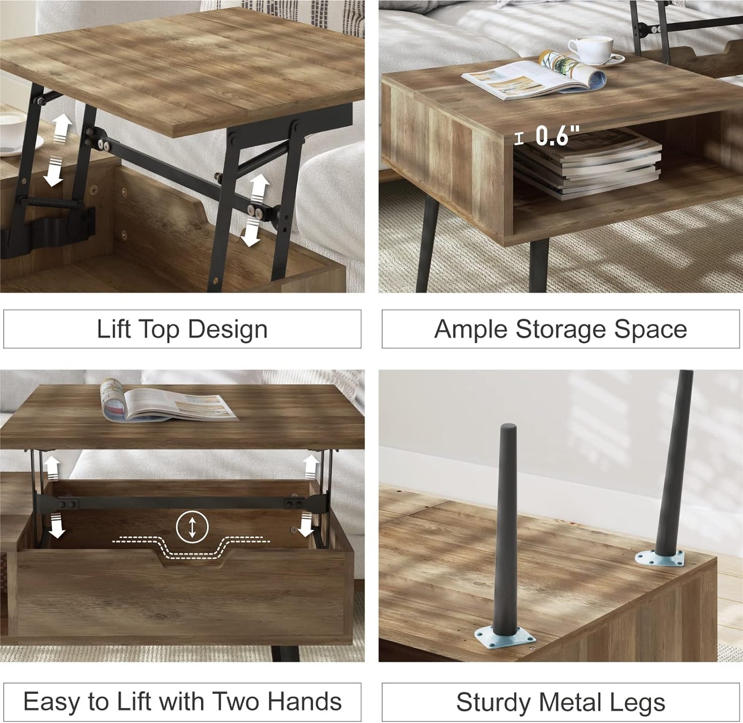 Coffee Table Lift Top Coffee Table 39", Modern Adjustable Rising Center Table with Hidden Compartment for Livingroom