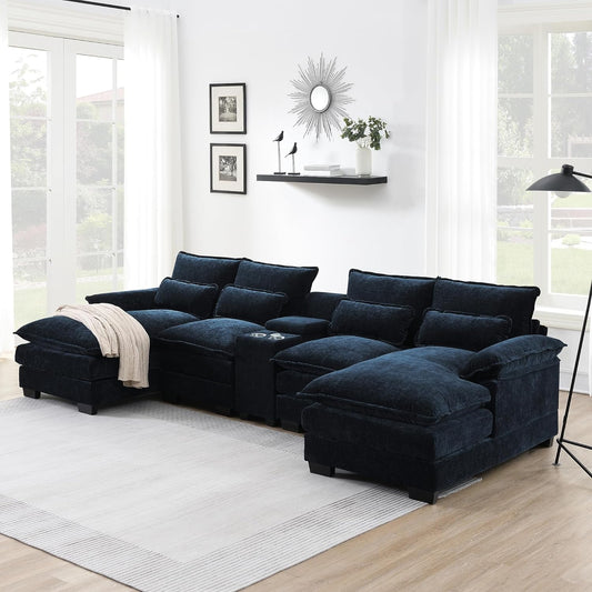 Sectional Couch, 123 * 55" Modern U-Shaped Sofa with Console, Cupholders and USB Ports, 6-seat Upholstered Symmetrical Indoor Furniture, Sleeper Couch Set with Chaise for Living Room