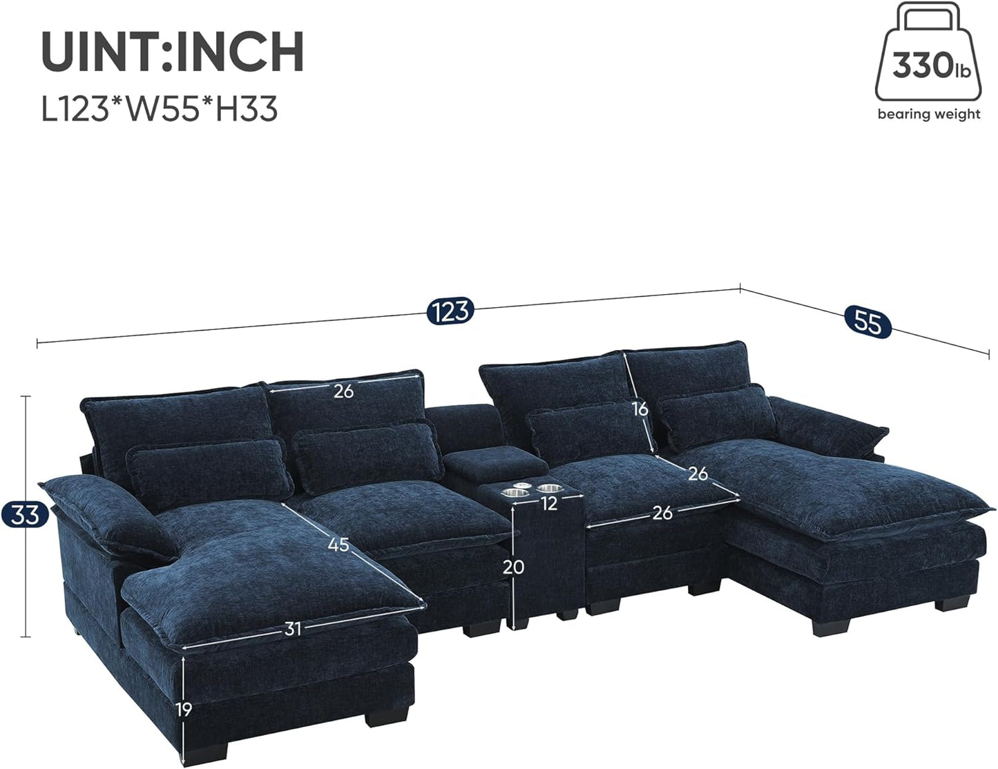 Sectional Couch, 123 * 55" Modern U-Shaped Sofa with Console, Cupholders and USB Ports, 6-seat Upholstered Symmetrical Indoor Furniture, Sleeper Couch Set with Chaise for Living Room