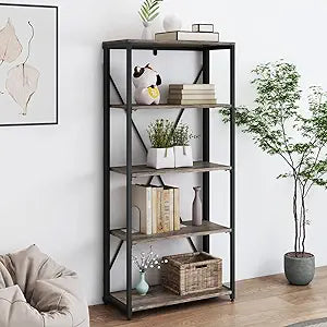 5-Tire Foldable Bookshelf Freestanding Bookcase for Living Room, Office, Bedroom Metal & Wood Open Shelf for Display and Storage, Rustic Brown