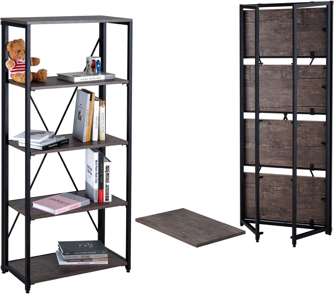 5-Tire Foldable Bookshelf Freestanding Bookcase for Living Room, Office, Bedroom Metal & Wood Open Shelf for Display and Storage, Rustic Brown