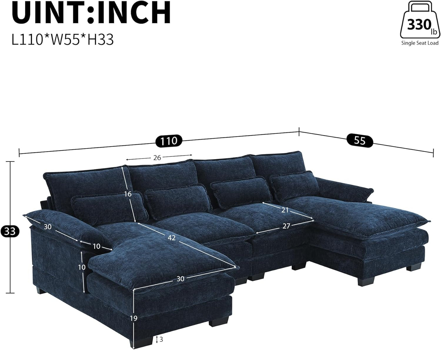 Couch Sectional Couches for Living Room, 110"x55" Modern U-Shaped Sectional Sofa with Waist Pillows, 6-seat Upholstered Symmetrical Sofa Furniture, Sleeper Sofa Couch with Chaise Lounge