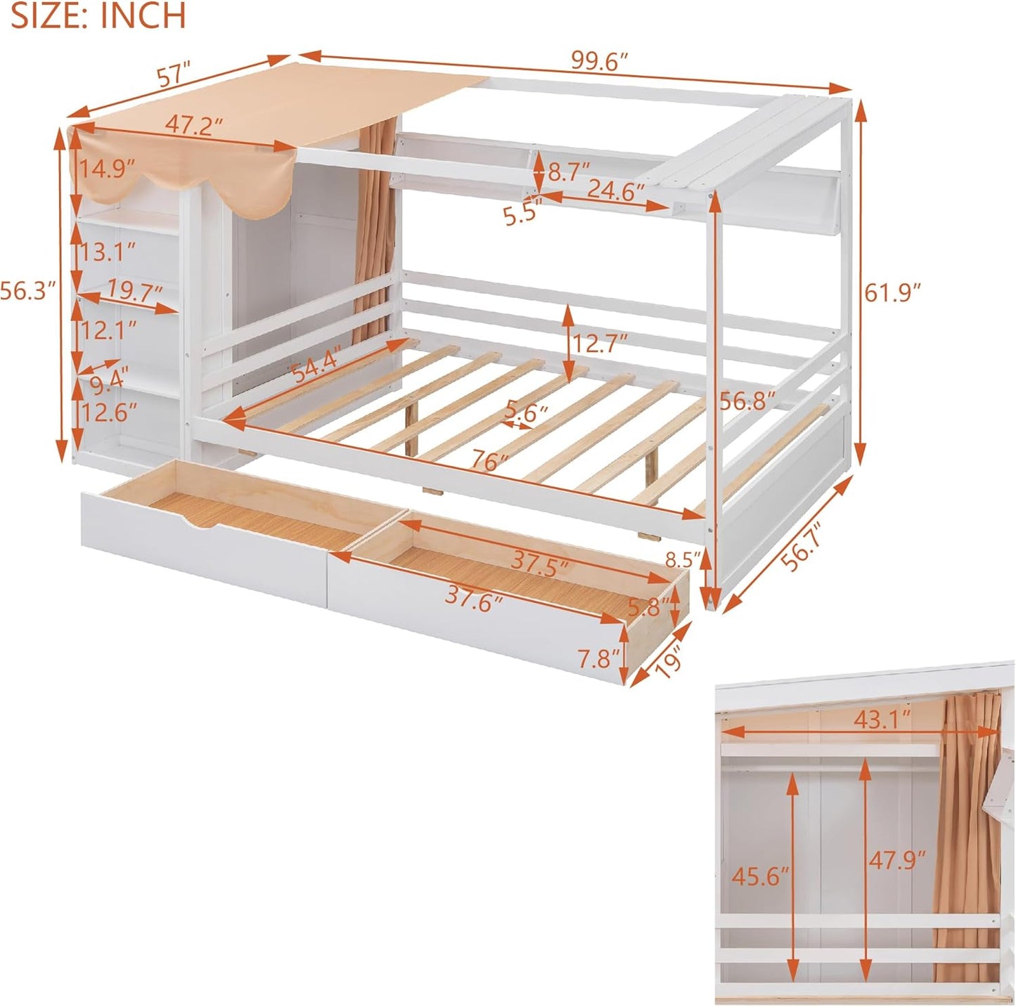 Bed Frame, Full Size House Bed with Two Drawers and Wardrobe Bookcase