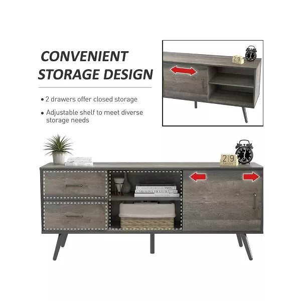 Year Color Mid-Century Industrial Modern TV Stand with Sliding Doors and Two Drawers for 55/60 Inch TV