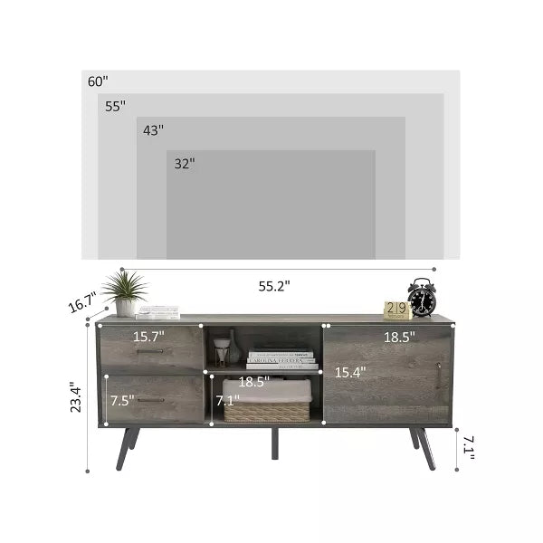 Year Color Mid-Century Industrial Modern TV Stand with Sliding Doors and Two Drawers for 55/60 Inch TV