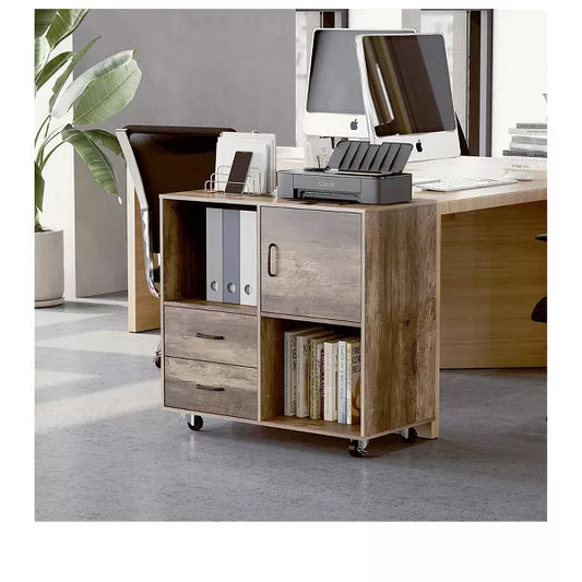 Year Color Wood Mobile Lateral Filing Cabinet with 2 Drawers, 2 Open Compartments, and Wheels for Home Office, Study, Living Room, and Bedroom