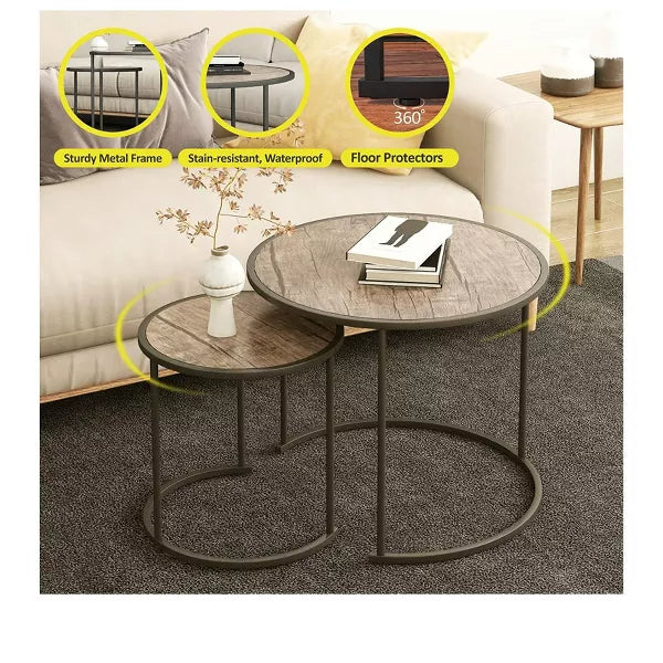 Year Color Round Industrial Nesting Coffee Tables Set of 2 for Bedroom, Office, Living Room