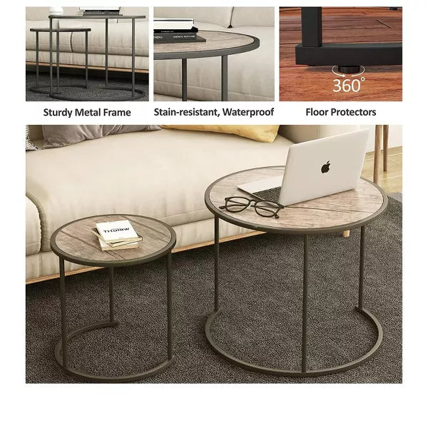 Year Color Round Industrial Nesting Coffee Tables Set of 2 for Bedroom, Office, Living Room