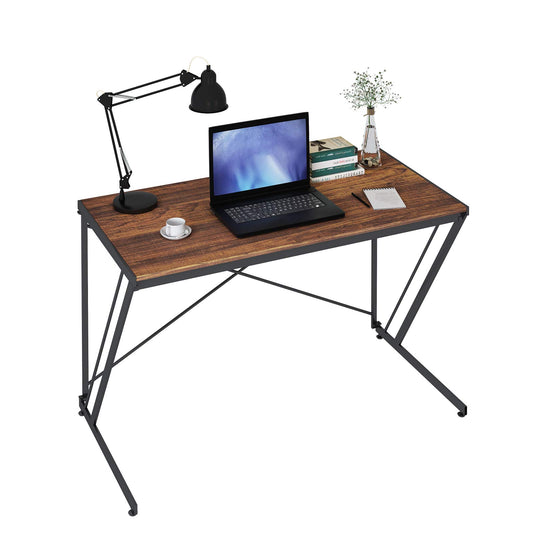 Folding Computer Writing Desk Sturdy Simple Portable PC Desk Modern Industrial Work Laptop Table, Z-Shaped Student Study Desk for Home Office Wood and Metal Table (Deep Oak, 46.5 inch)